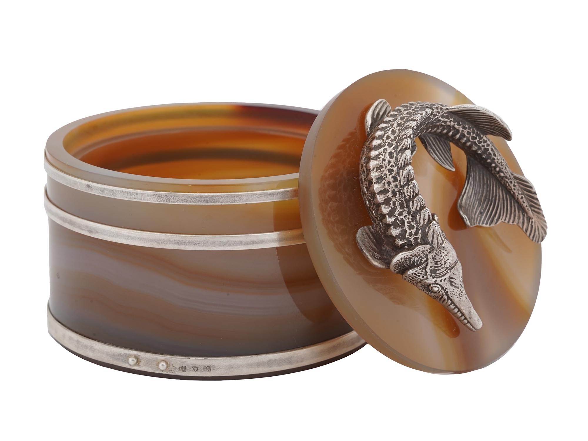 RUSSIAN AGATE AND SILVER CAVIAR SERVER WITH PIKE PIC-5
